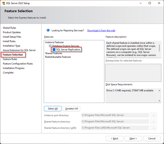 SQL Server feature selection