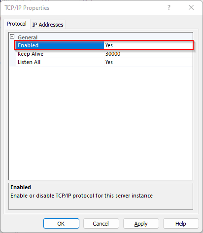 Enabled TCP/IP Properties 