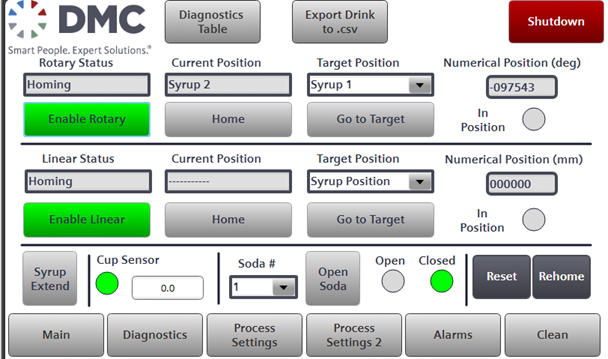 Drinkbot WinCC Settings and Diagnostics Navigation