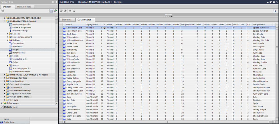 Drinkbot Comfort HMI Recipe Data Records