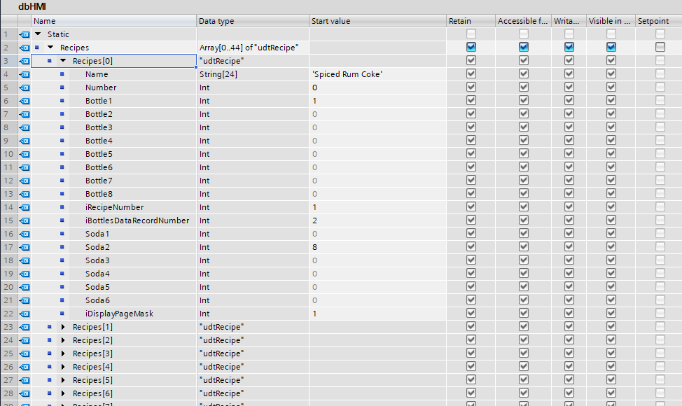 Drinkbot WinCC Unified Recipe UDT DataBlock