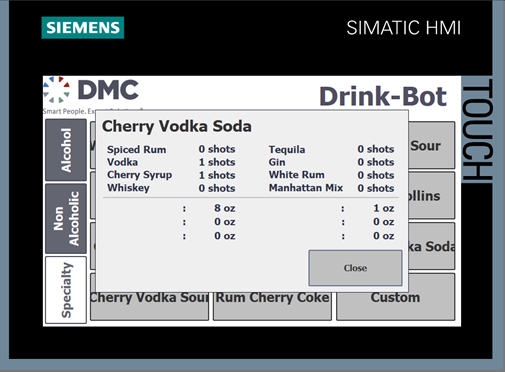 Drinkbot Comfort HMI Recipe Popup Screen