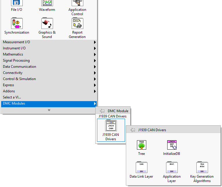 LabVIEW Palette Containing DMC J1939 Drivers