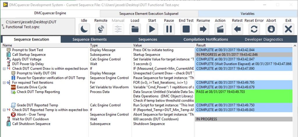Real Time Data for the Current Sequence is Displayed as Execution Progresses