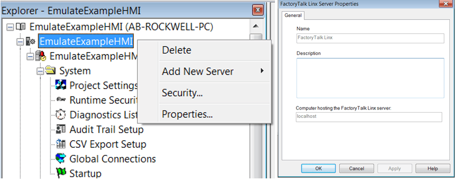 explorer EmulateExampleHMI select Add New Server Rockwell Automation Device Server (FactoryTalk Linx)