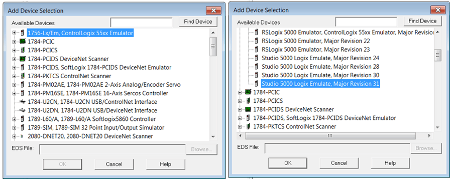 Add device selection available device 1756-Lx/Em ControlLogix 55xx Emulator Studio 5000 Logix Emulate Major Revision 31