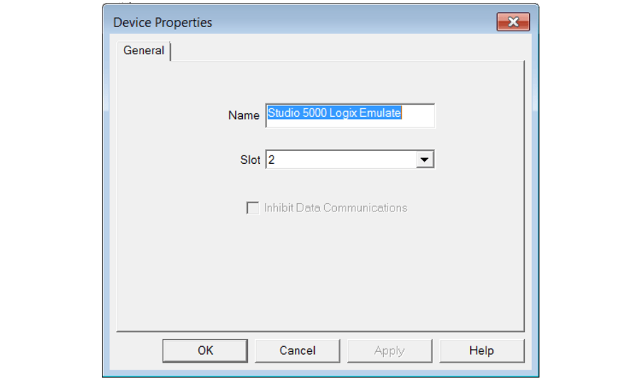 Screenshot of a computer Device Properties General Name Studio 5000 Logix Emulate