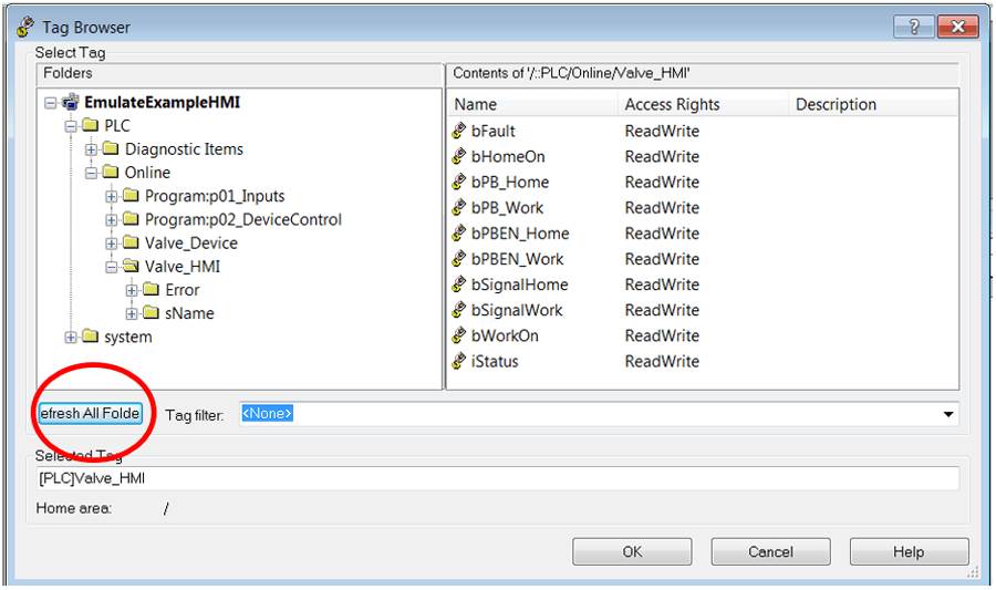 Tag Browser pop up Refresh All Folders Valve_HMI