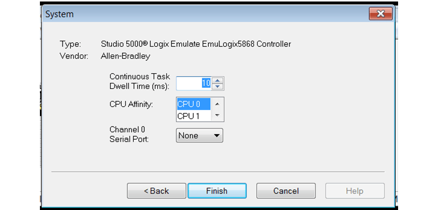 screenshot of computer system window to select CPU Affinity CPU 0 for Studio 5000 Logix Allen-Bradley