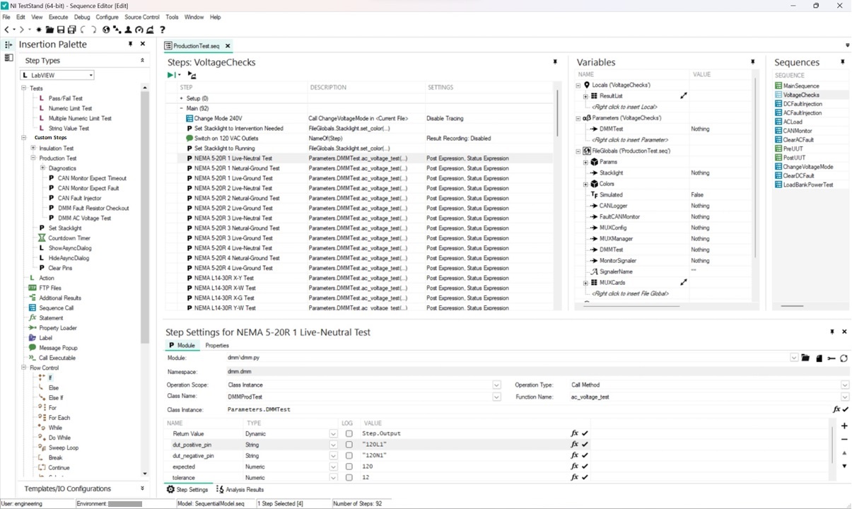 Screen showing the NI TestStand sequence