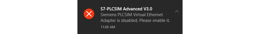 Screenshot: Siemens PLCSIM Virtual ethernet Adapter is disabled.