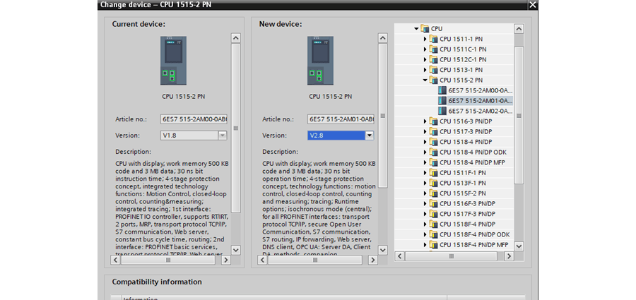 Screenshot: Changing S7-1500 PLC device version in Siemens TIA Portal.