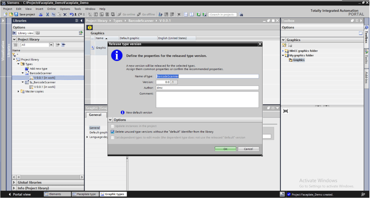 Screenshot of a computer and defining the properties for the released type version