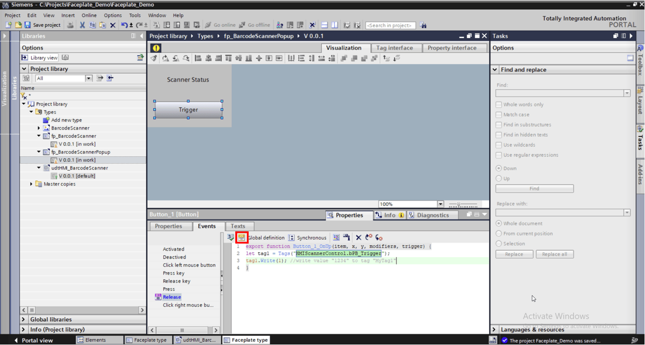 Screenshot of computer giving directions of writing an HMI tag for the faceplate