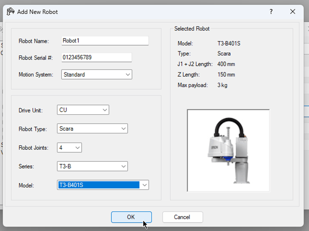 Epson RC+ Add New Robot
