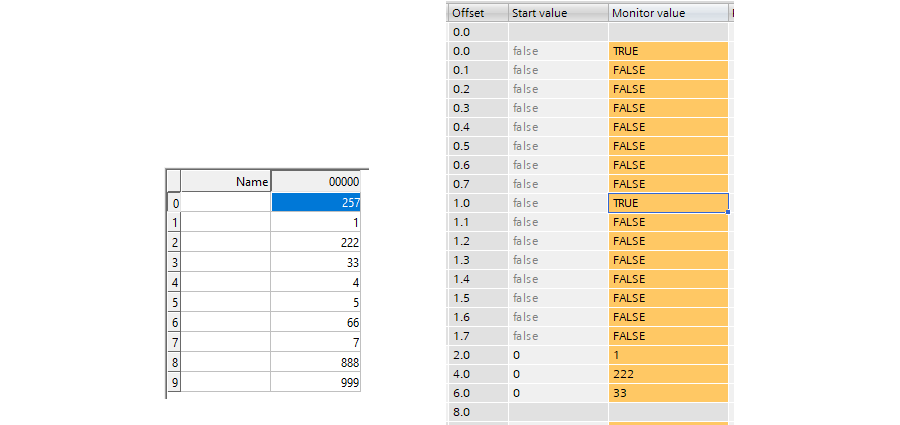 Screenshot left: Modbus holding registers in Modbus Poll. Screenshot right: Modbus holding registers in Siemens TIA Portal.