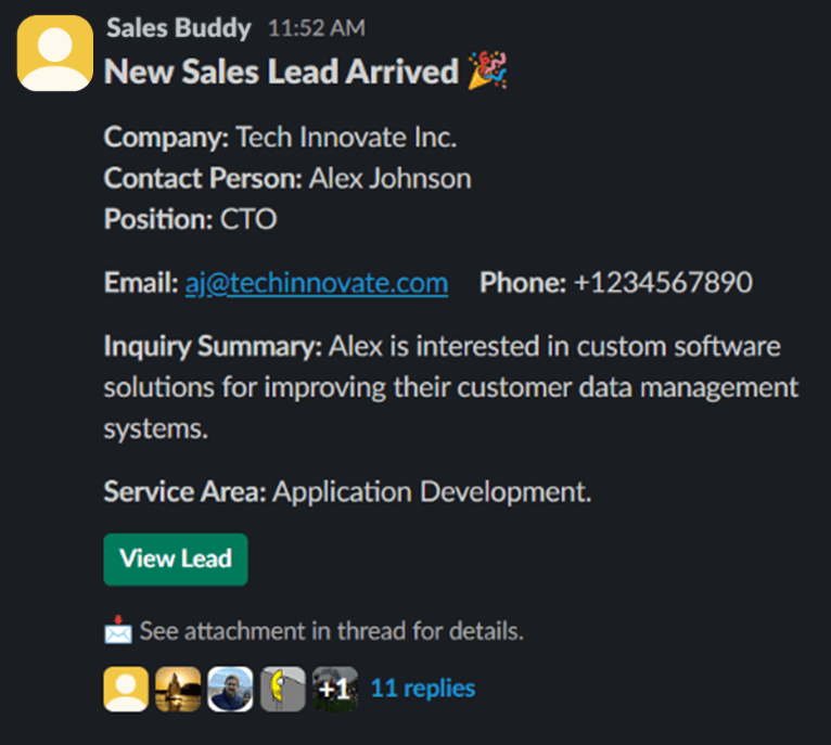 sales buddy's incoming lead notification in Slack.