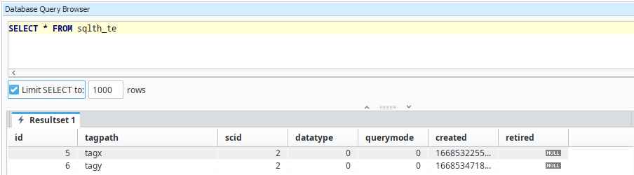 Database query browser displaying the sqlth_te table with TagX and TagY
