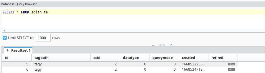 Database query browser displaying the sqlth_te table for TagY