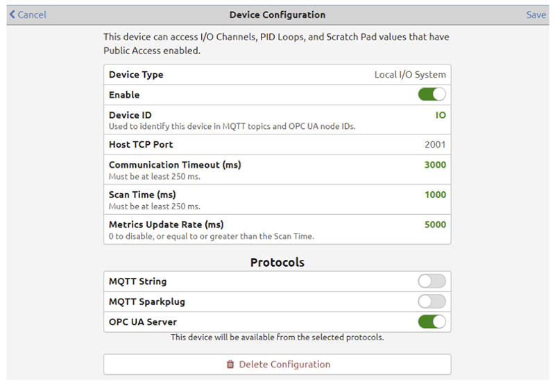 OPC UA server device configuration screen