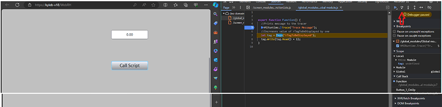 debugger button click