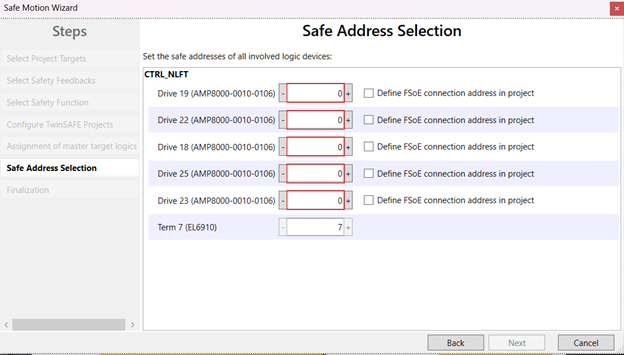 safe motion wizard safe address selection incorrect