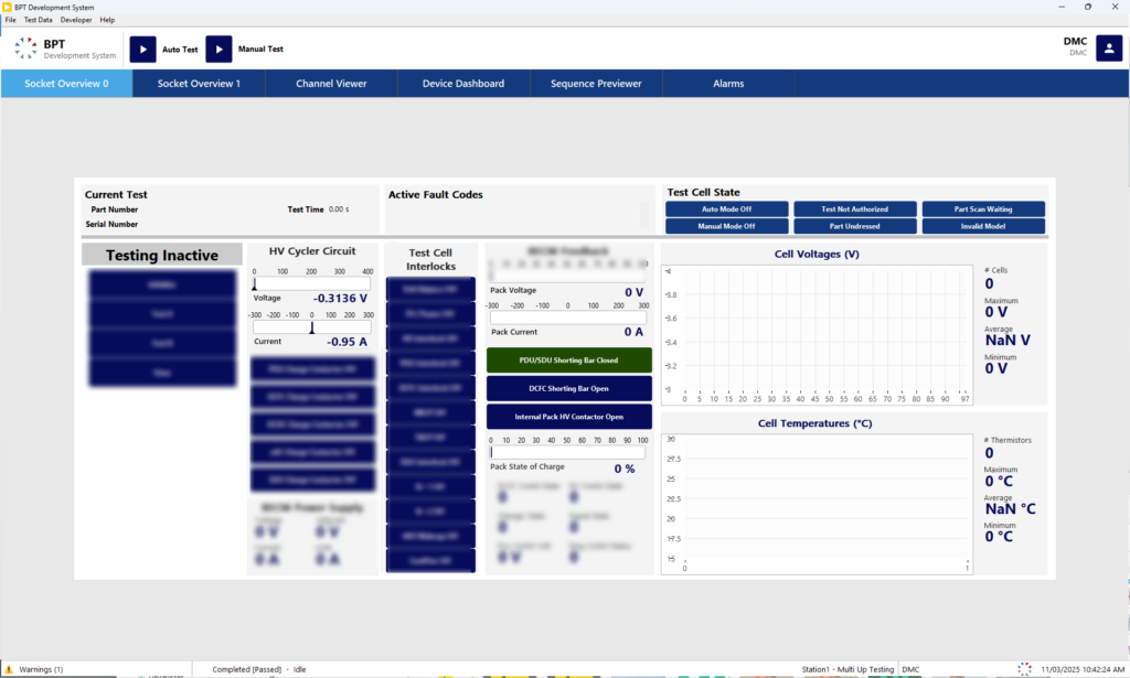 Figure 1: DMC’s Battery Production Test (BPT) Software. Shown Screen: BPT’s low-code BPT Socket Test Overview Screen