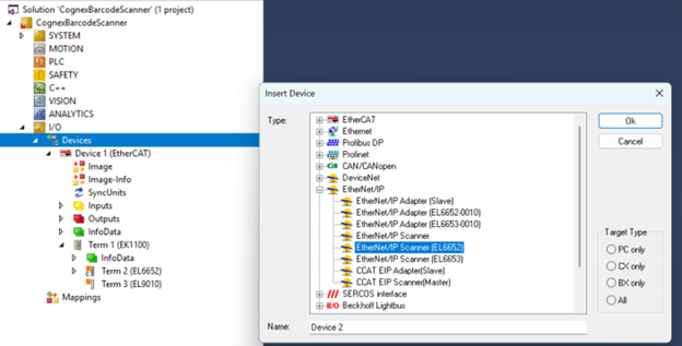 Adding a new device EtherNet/IP Scanner (EL6652)