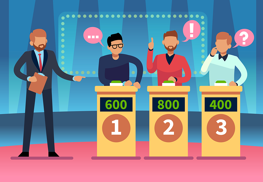A game show host quizzes three contestants.