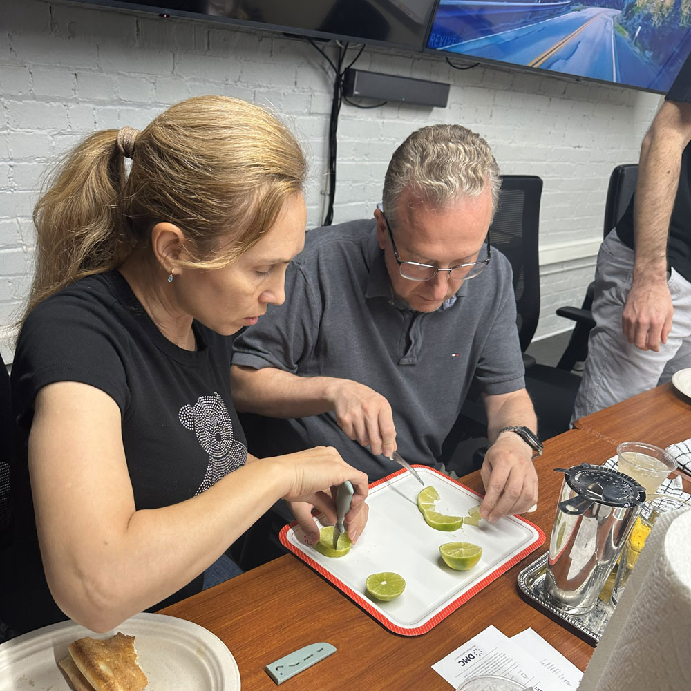 Julia and Boris work on garnishes