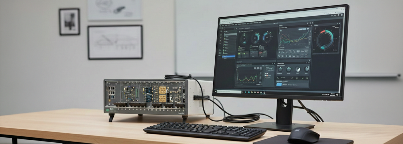 A pice of hardware is tested on a PC on a wooden table