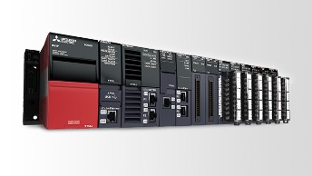 Black Mitsubishi PLC with red accent on a grey background
