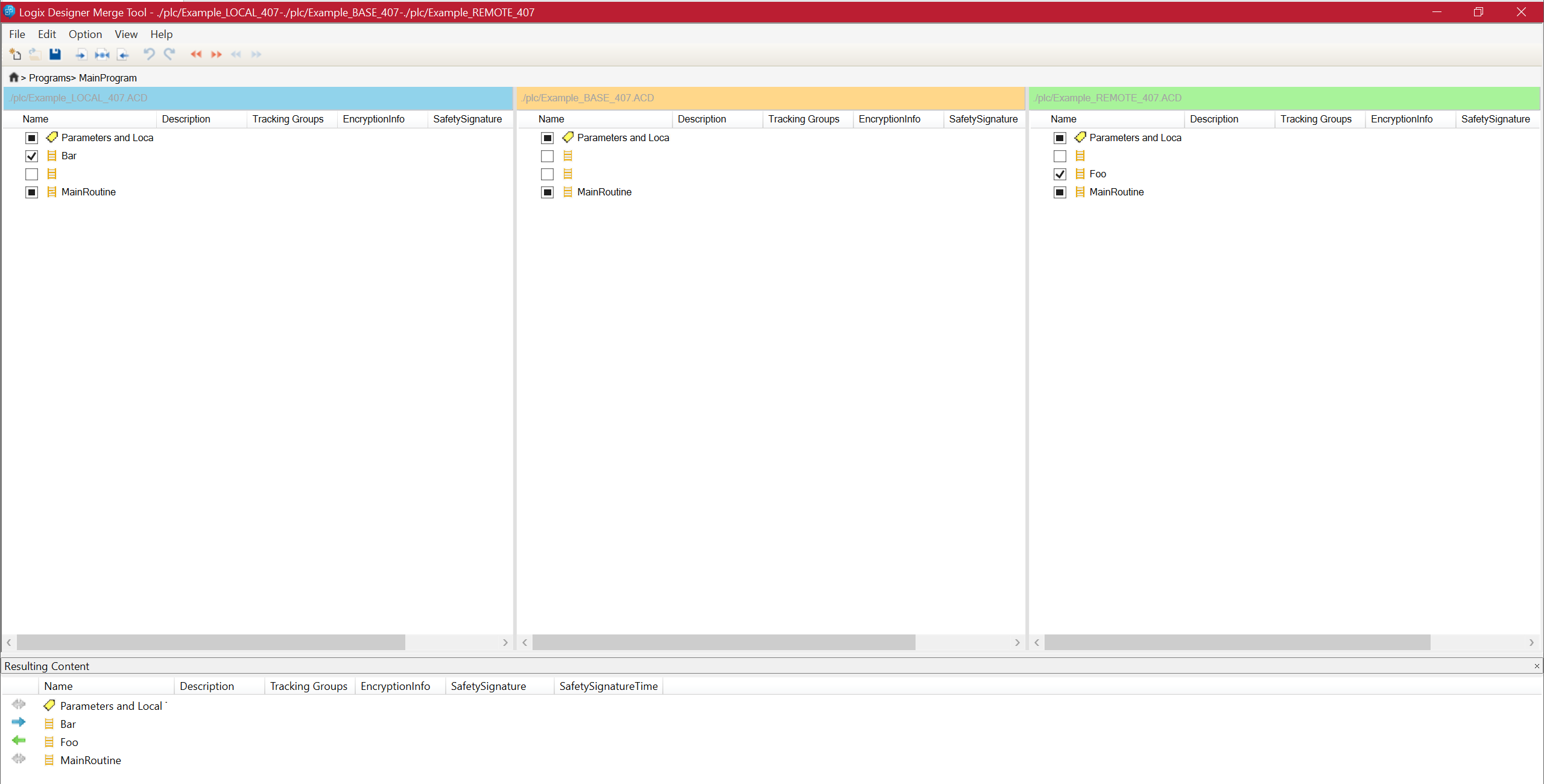 Program folders with import parameters.