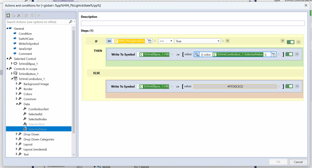 Screenshot shows an Actions and Conditions editor used for creating logical behavior in Beckhoff TwinCAT program.